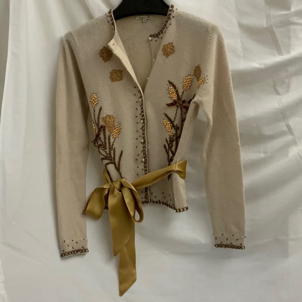 Tan Cardigan Sweater with Beaded Wheat Pattern and Lace Appliqués, Tie Belt (S)